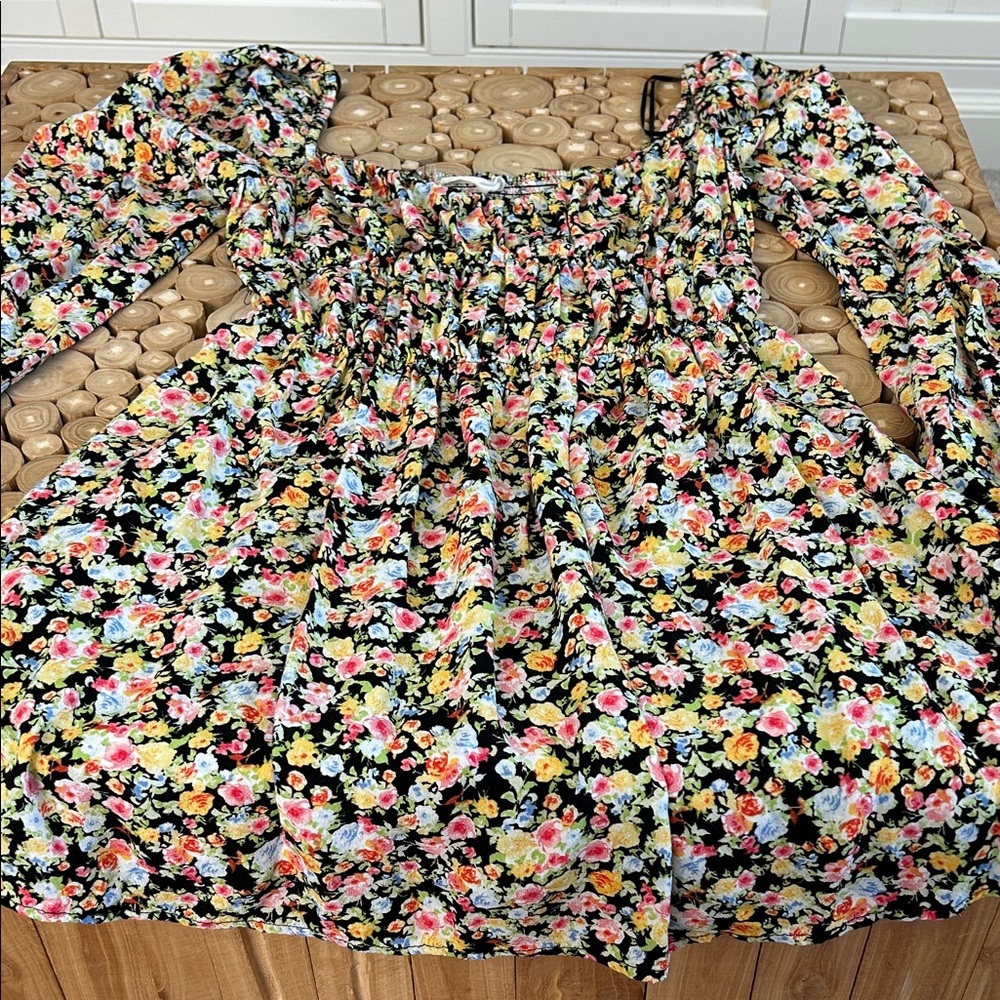 Elodie Black Floral Mini Dress with Multicolor Blossoms